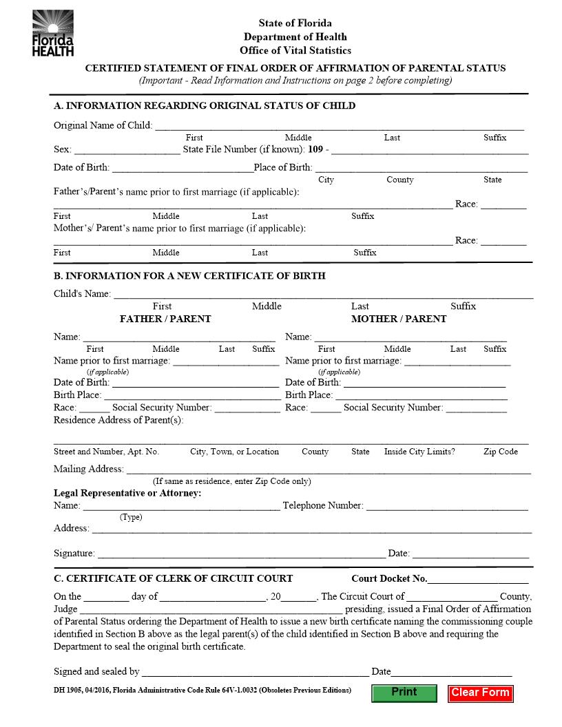 Certified Statement Of Final Order Of Affirmation Of Parental Status {DH 1905} | Pdf Fpdf Docx | Florida