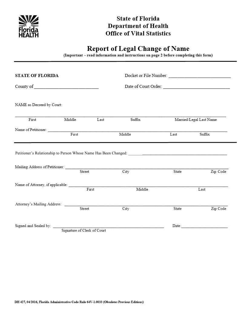 Report Of Legal Change Of Name {DH 427} | Pdf Fpdf Doc Docx | Florida