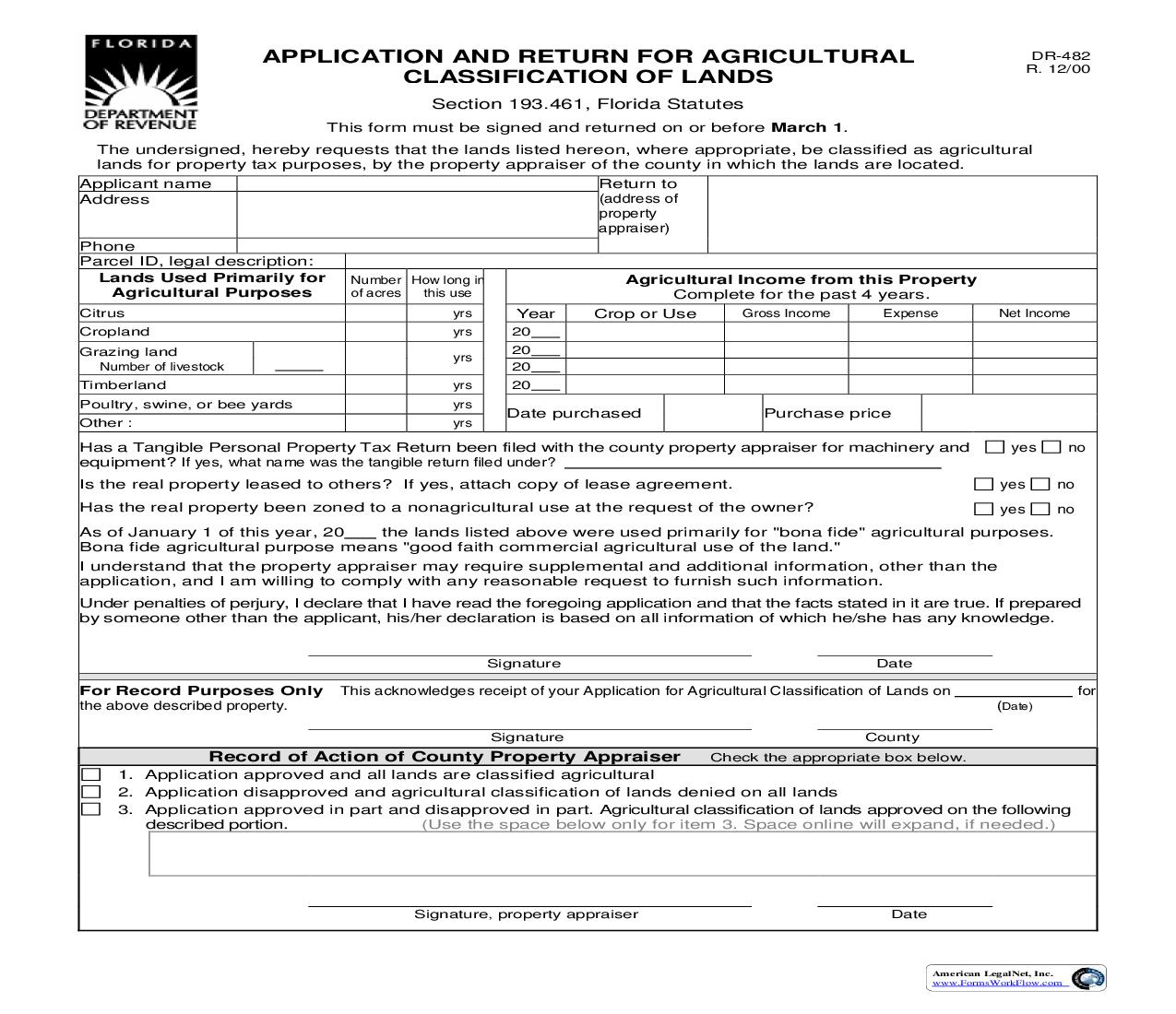 Application And Return For Agricultural Classification Of Lands {DR-482} | Pdf Fpdf Doc Docx | Florida