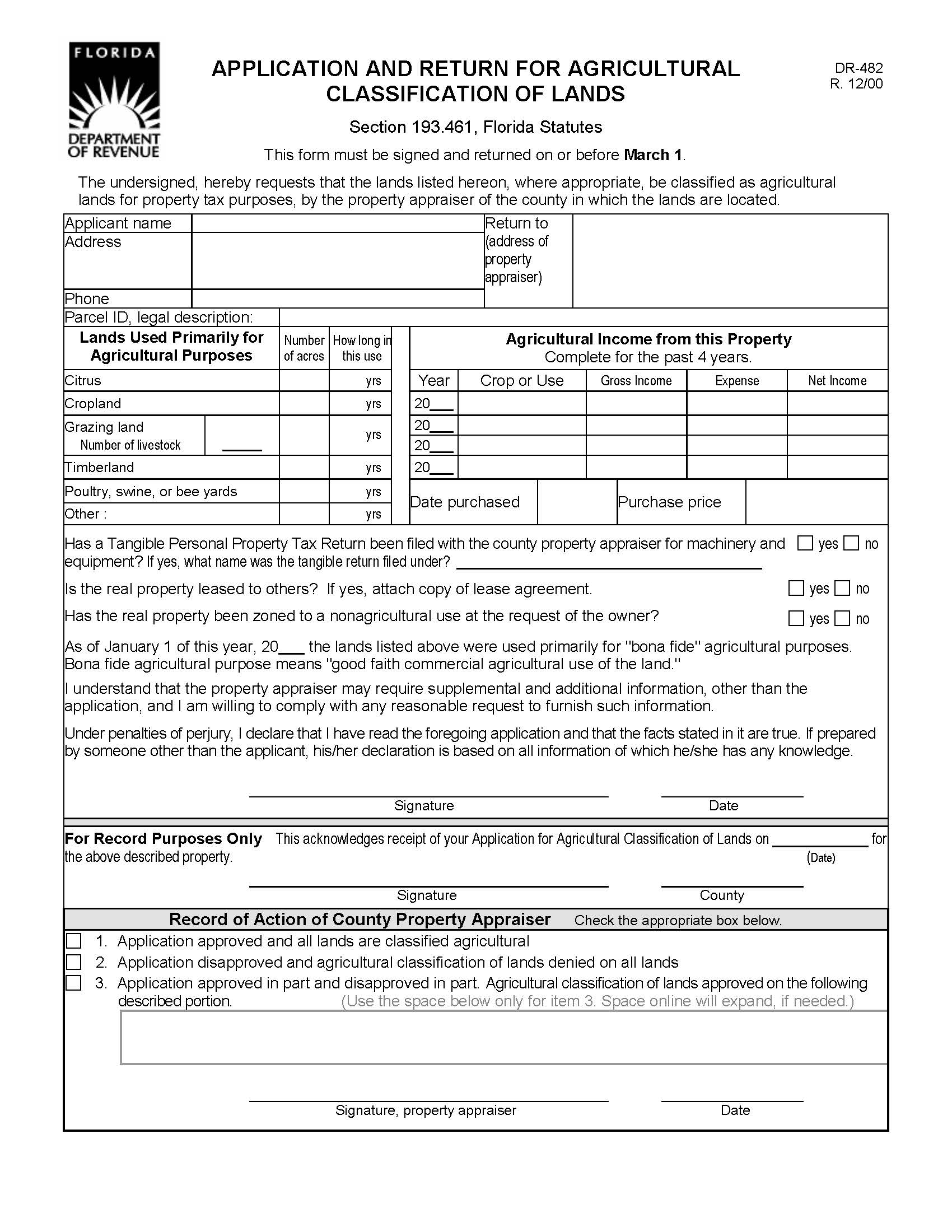 Application And Return For Agricultural Classification Of Lands {DR-482} | Pdf Fpdf Doc Docx | Florida