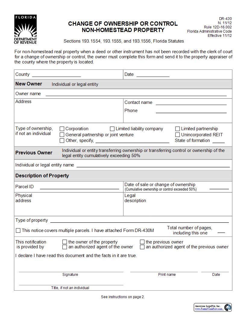 Change Of Ownership Of Control Non-Homestead Property {DR-430} | Pdf Fpdf Docx | Florida