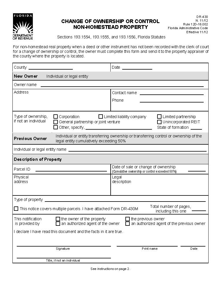 Change Of Ownership Of Control Non-Homestead Property {DR-430} | Pdf Fpdf Docx | Florida