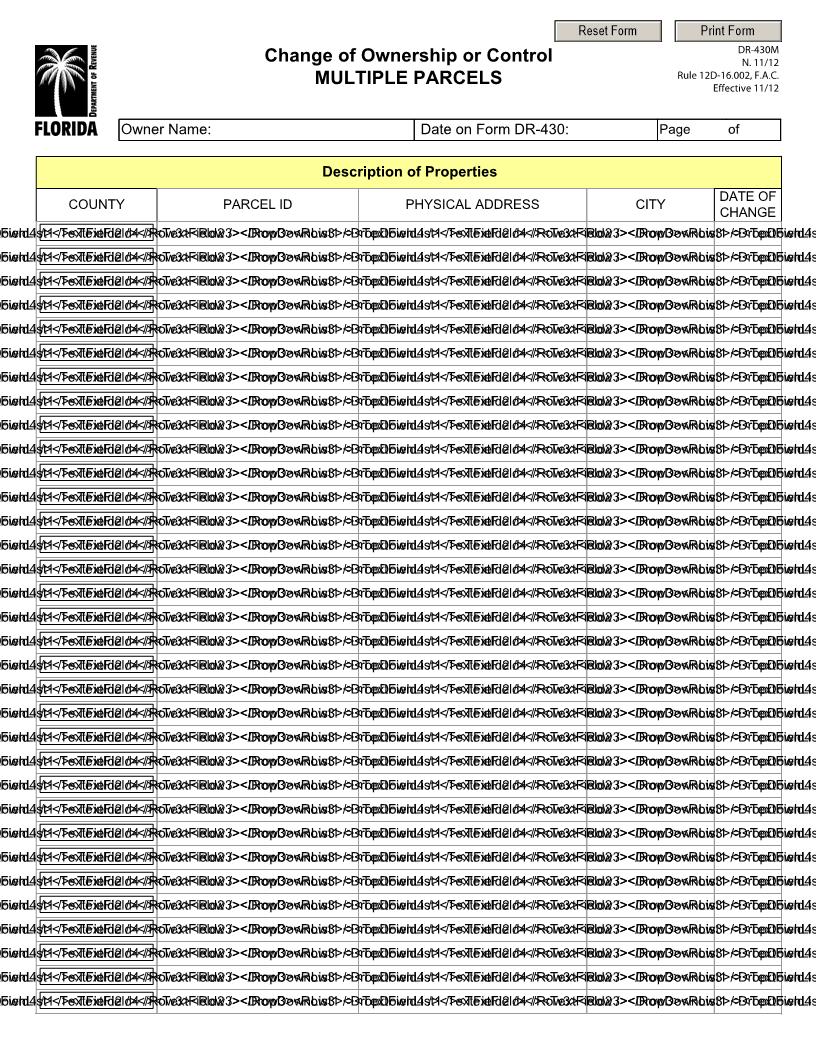 Change Of Ownership Or Control Multiple Parcels {DR-430M} | Pdf Fpdf Docx | Florida
