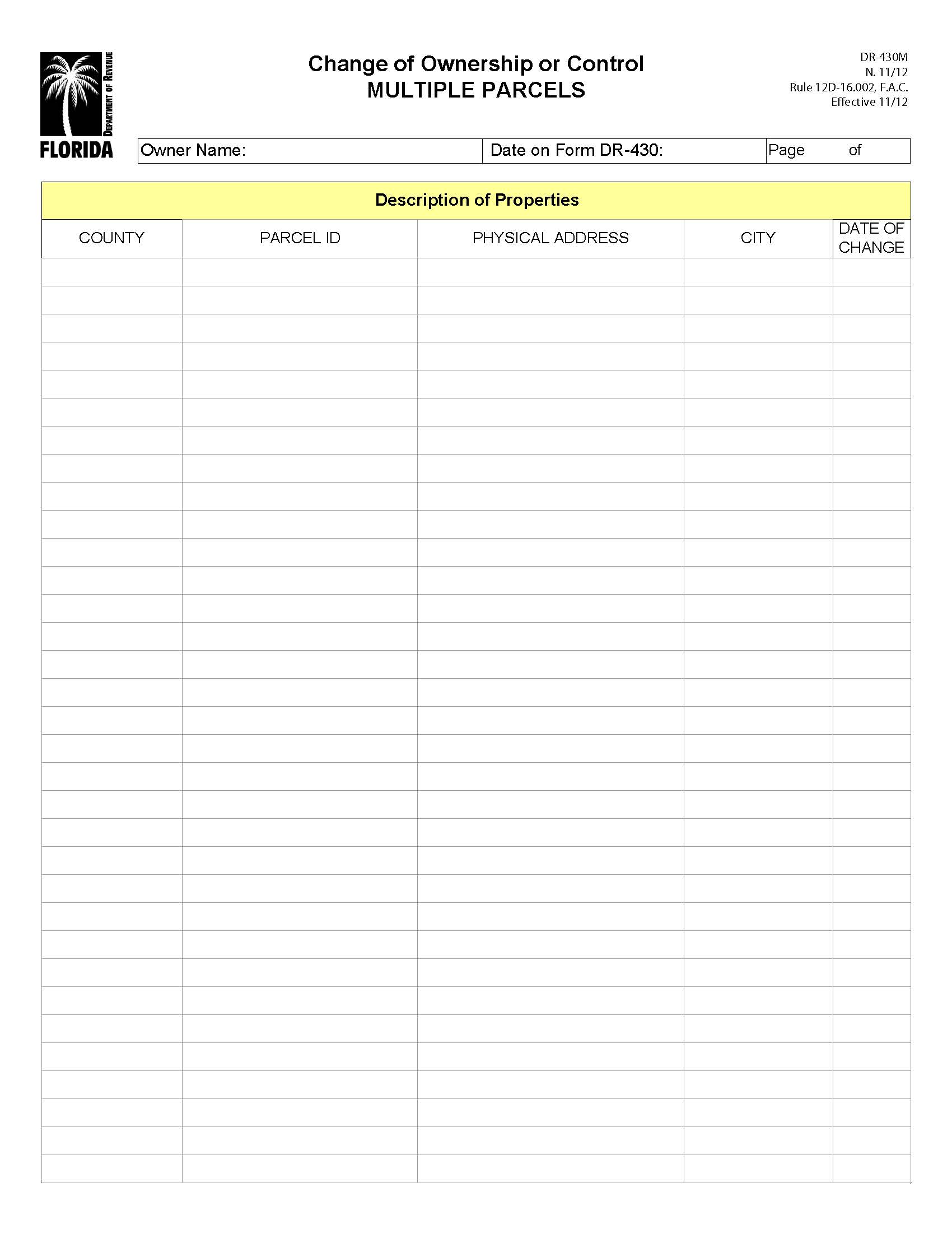 Change Of Ownership Or Control Multiple Parcels {DR-430M} | Pdf Fpdf Docx | Florida