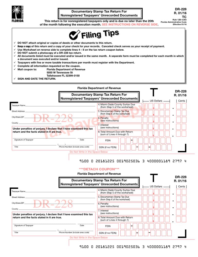 Documentary Stamp Tax Return For Nonregistered Taxpayers Unrecorded Documents {DR-228} | Pdf Fpdf Doc Docx | Florida