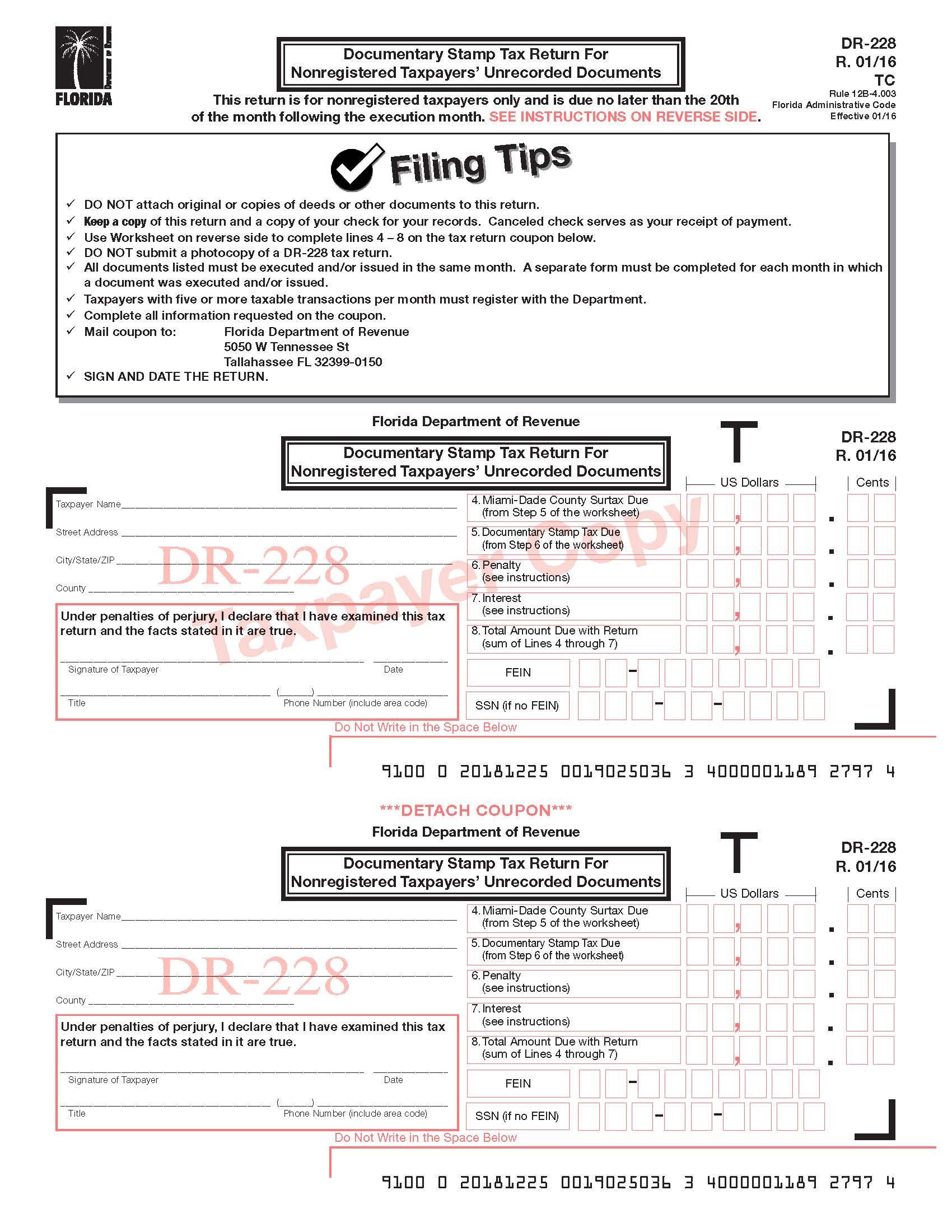Documentary Stamp Tax Return For Nonregistered Taxpayers Unrecorded Documents {DR-228} | Pdf Fpdf Doc Docx | Florida