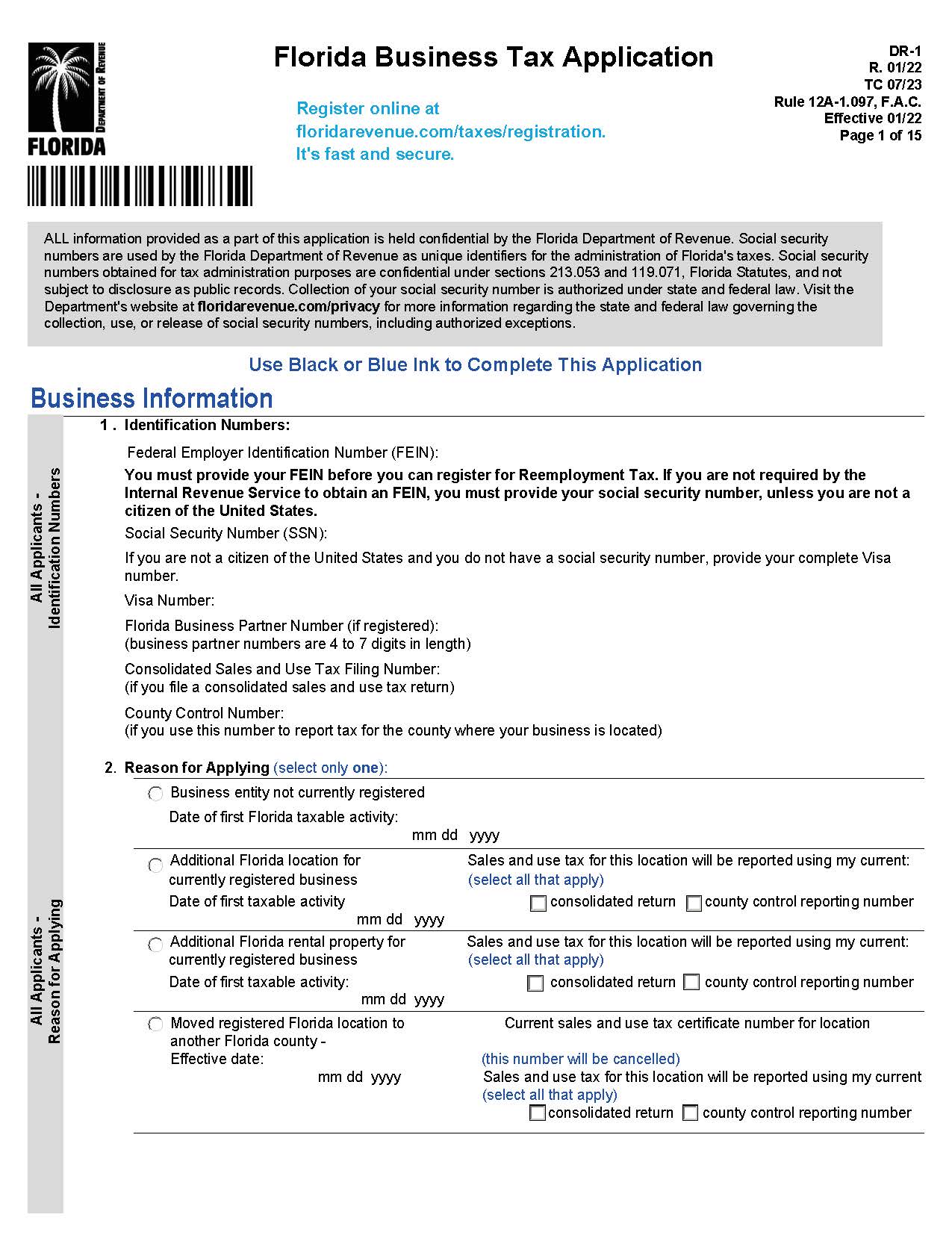 Florida Business Tax Application {DR-1} | Pdf Fpdf Docx | Florida
