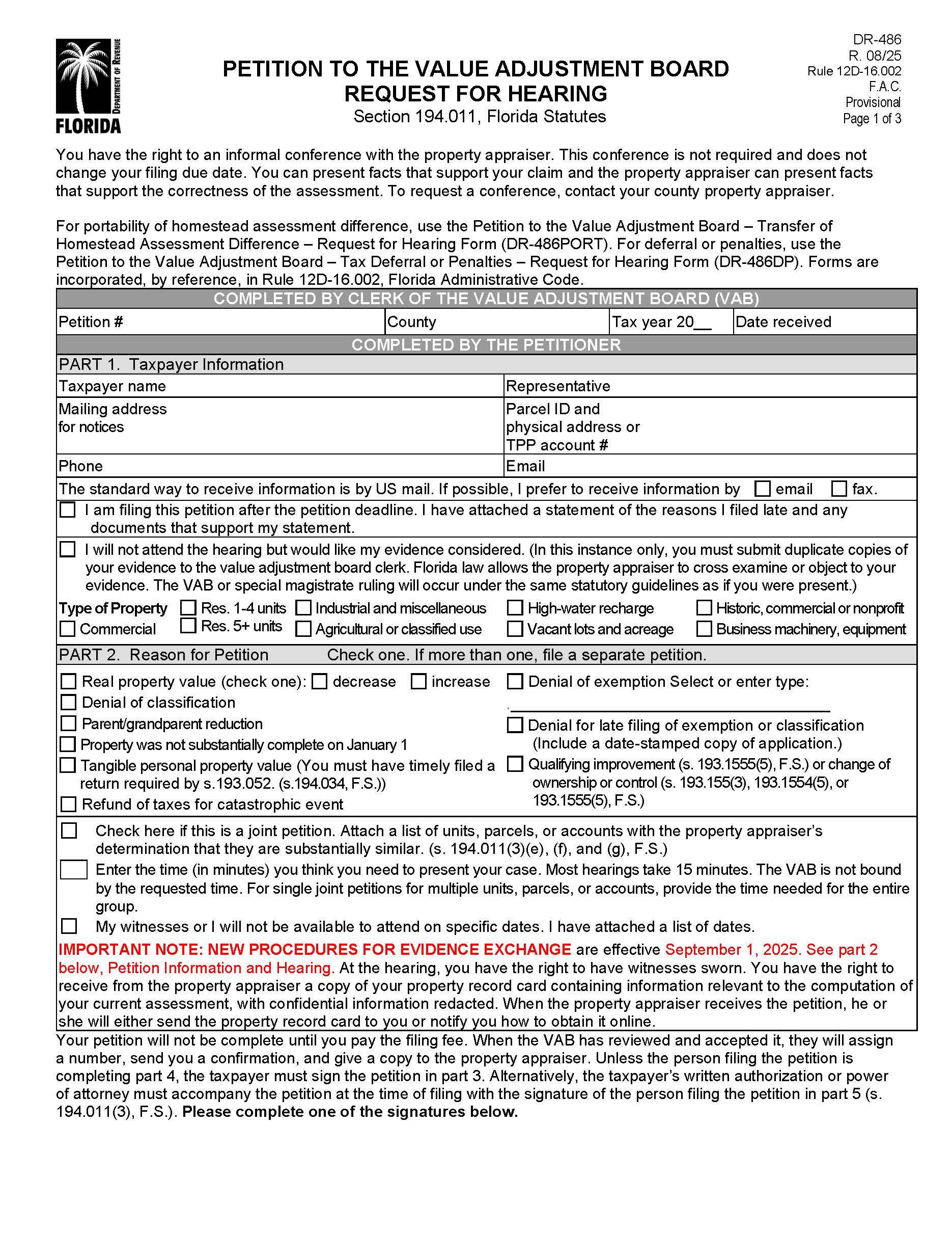 Petition To The Value Adjustment Board Request For Hearing {DR-486} | Pdf Fpdf Docx | Florida