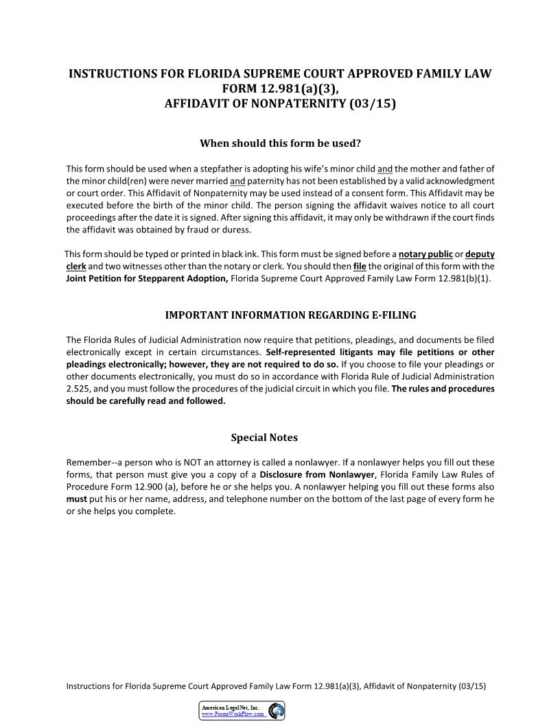 Affidavit Of Nonpaternity {12.981(a)(3)} | Pdf Fpdf Docx | Florida