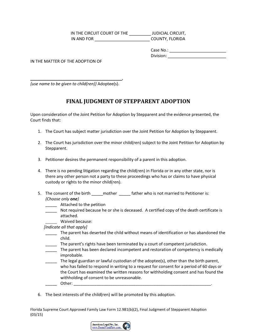 Final Judgment Of Stepparent Adoption {12.981(b)(2)} | Pdf Fpdf Docx | Florida