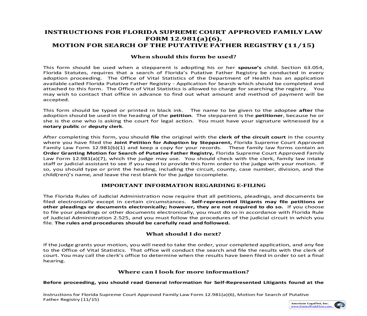 Motion For Search Of The Putative Father Registry {12.981(a)(6)} | Pdf Fpdf Doc Docx | Florida