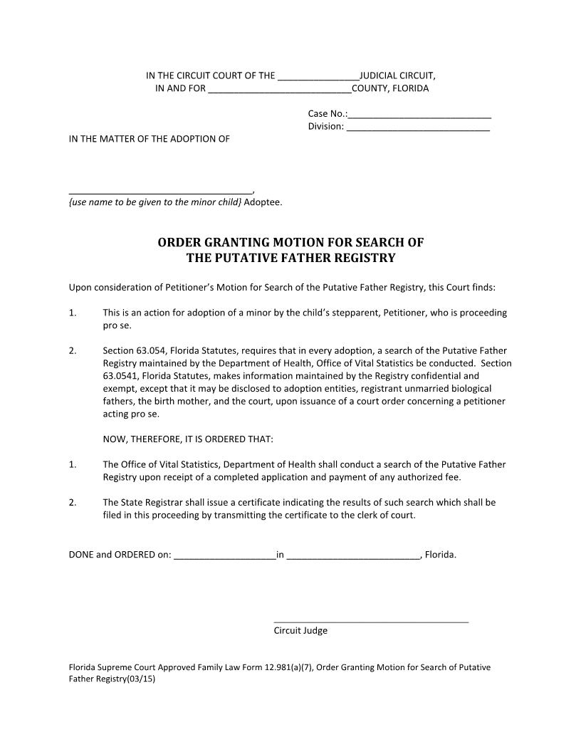 Order Granting Motion For Search Of The Putative Father Registry {12.981(a)(7)} | Pdf Fpdf Docx | Florida