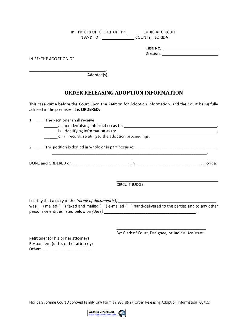 Order Releasing Adoption Information {12.981(d)(2)} | Pdf Fpdf Docx | Florida