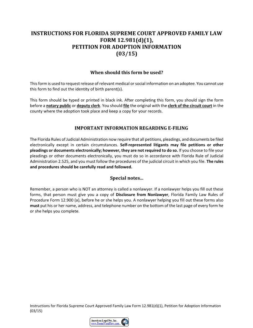 Petition For Adoption Information {12.981(d)(1)} | Pdf Fpdf Docx | Florida