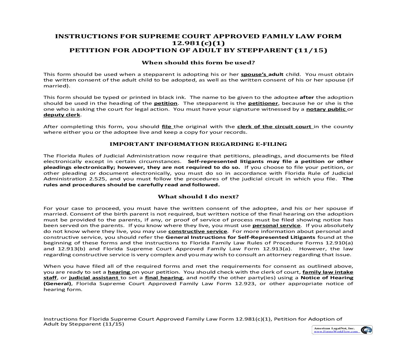 Petition For Adoption Of Adult By Stepparent {12.981(c)(1)} | Pdf Fpdf Doc Docx | Florida