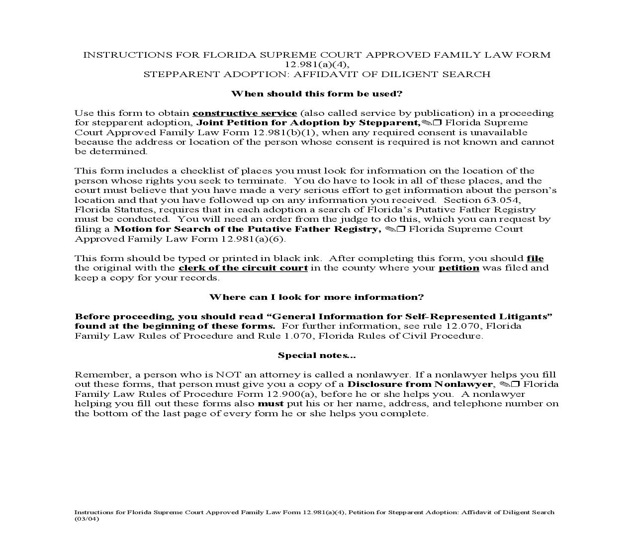Stepparent Adoption Affidavit Of Dilligent Search {12.981(a)(4)} | Pdf Fpdf Doc Docx | Florida