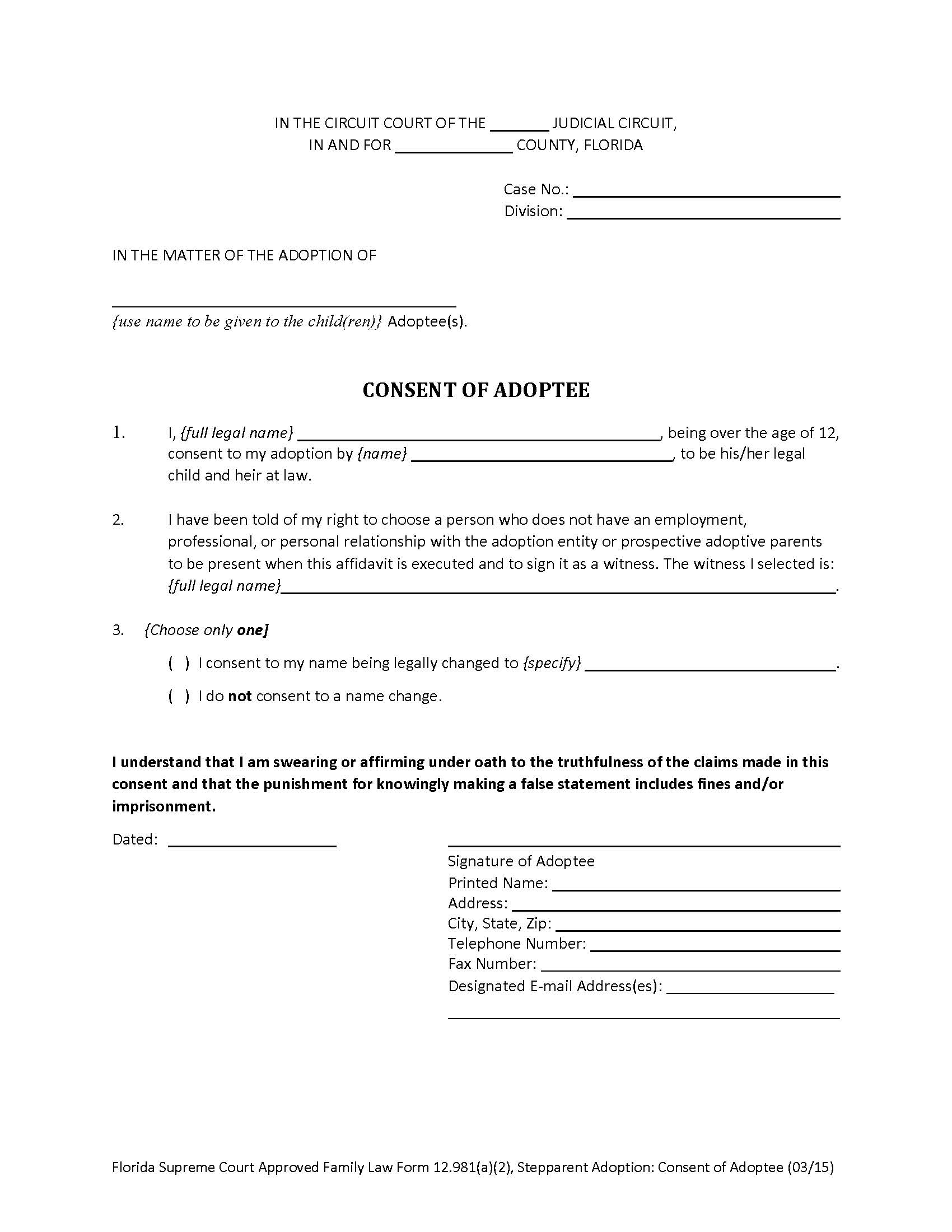 Stepparent Adoption Consent Of Adoptee {12.981(a)(2)} | Pdf Fpdf Doc Docx | Florida