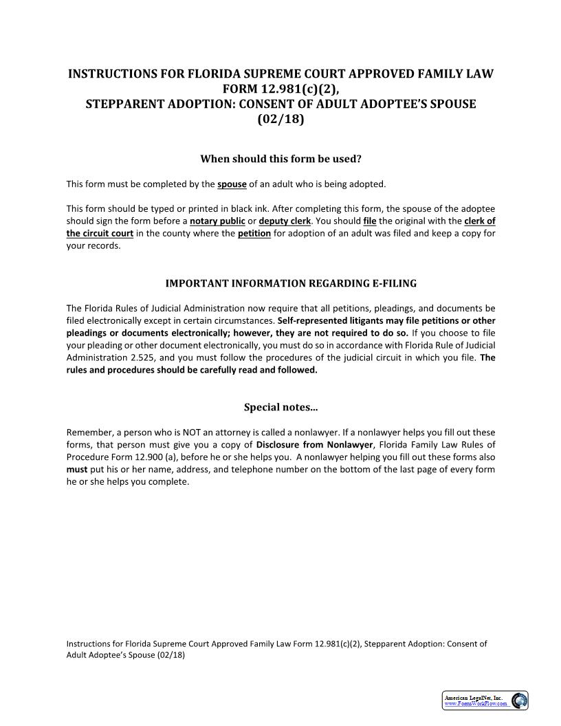 Stepparent Adoption Consent Of Adult Adoptees Spouse w-Instructions {12.981(c)(2)} | Pdf Fpdf Docx | Florida