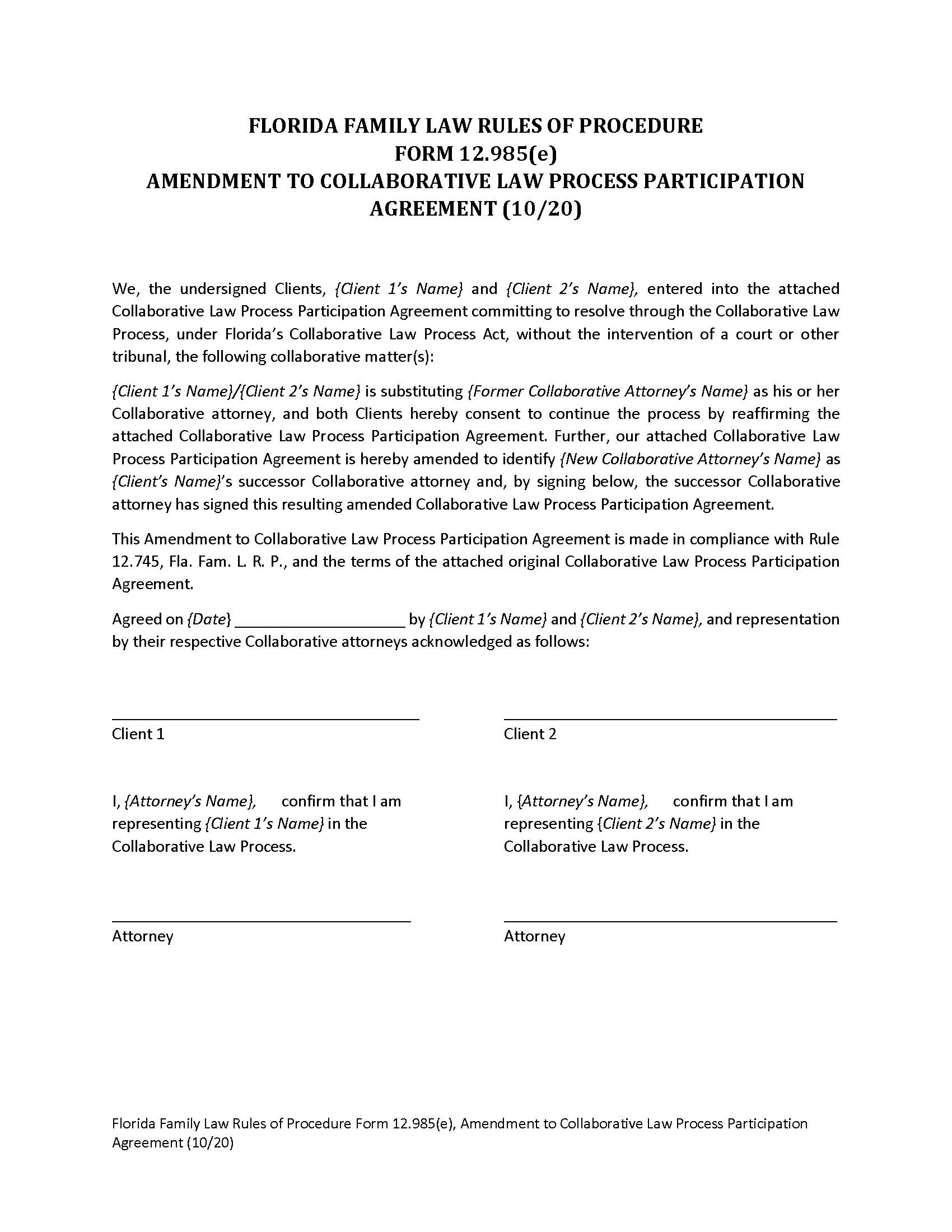Amendment To Collaborative Law Process Participation Agreement {12.985(e)} | Pdf Fpdf Docx | Florida