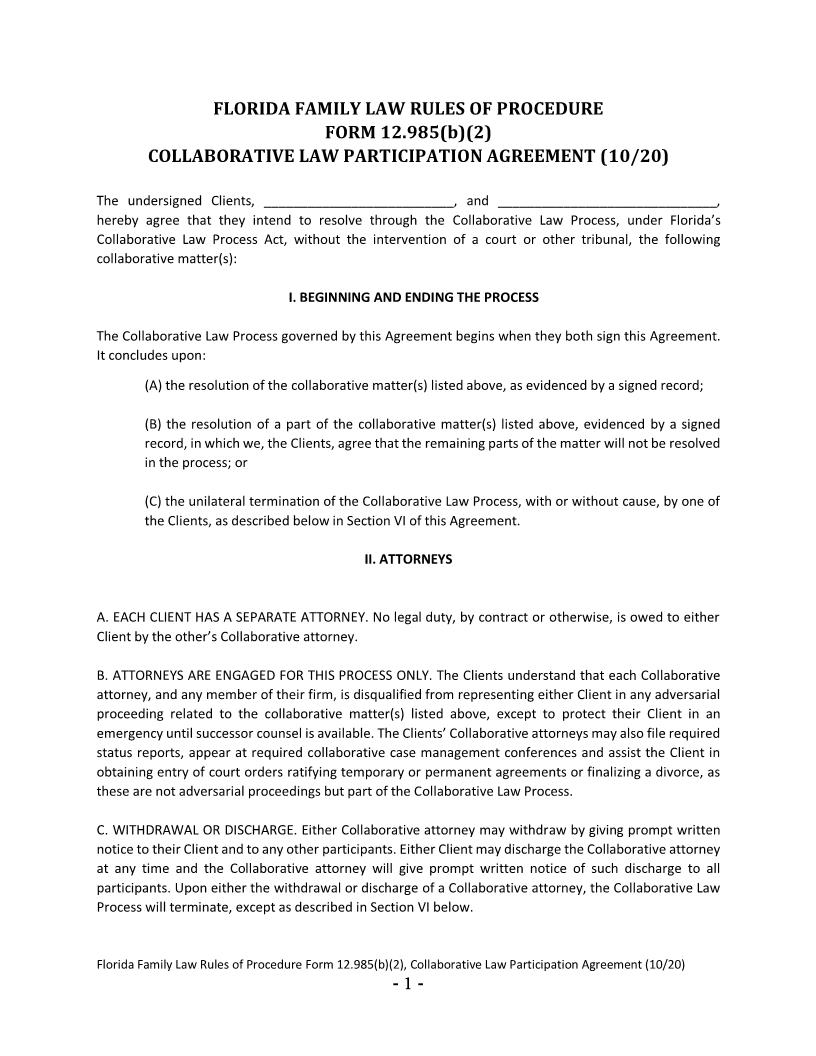 Collaborative Law Participation Agreement {12.985(b)(2)} | Pdf Fpdf Docx | Florida