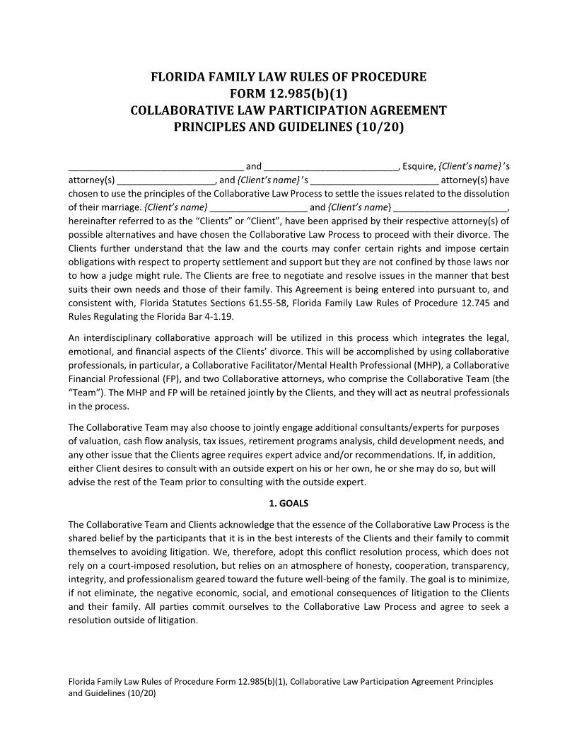 Collaborative Law Participation Agreement Principles And Guidelines {12.985(b)(1)} | Pdf Fpdf Docx | Florida