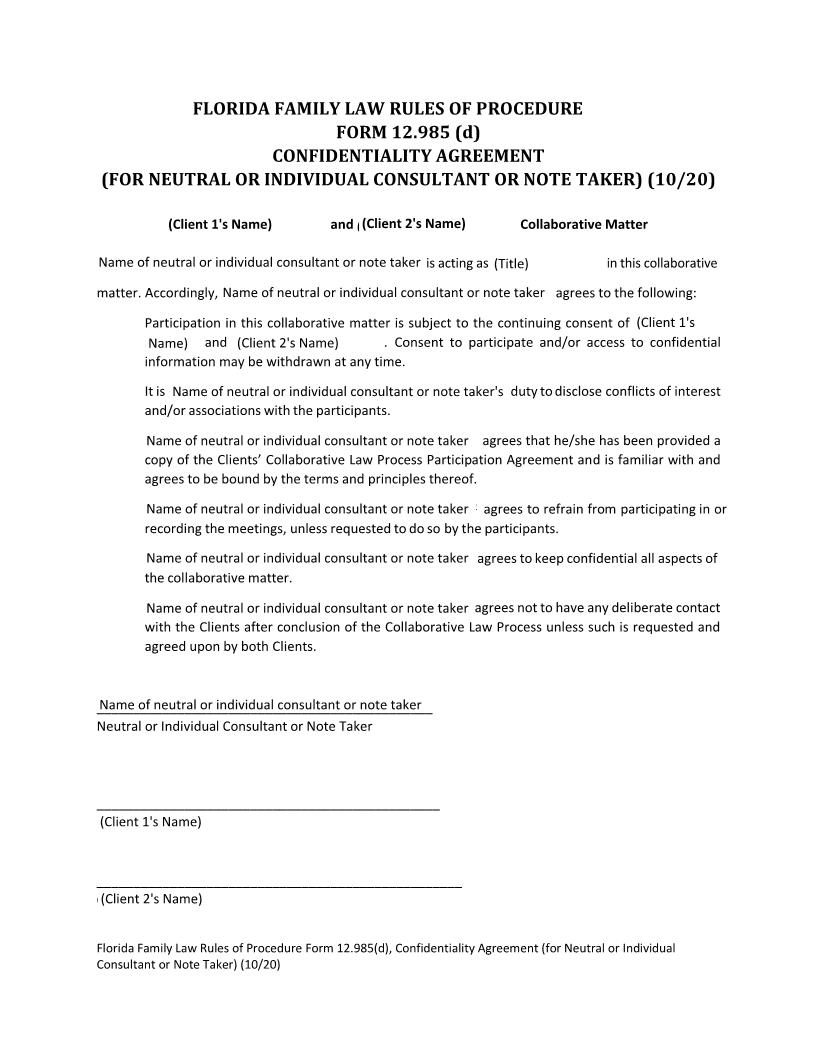 Confidentiality Agreement (For Neutral Or Individual Consultant Or Note Taker) {12.985(d)} | Pdf Fpdf Docx | Florida