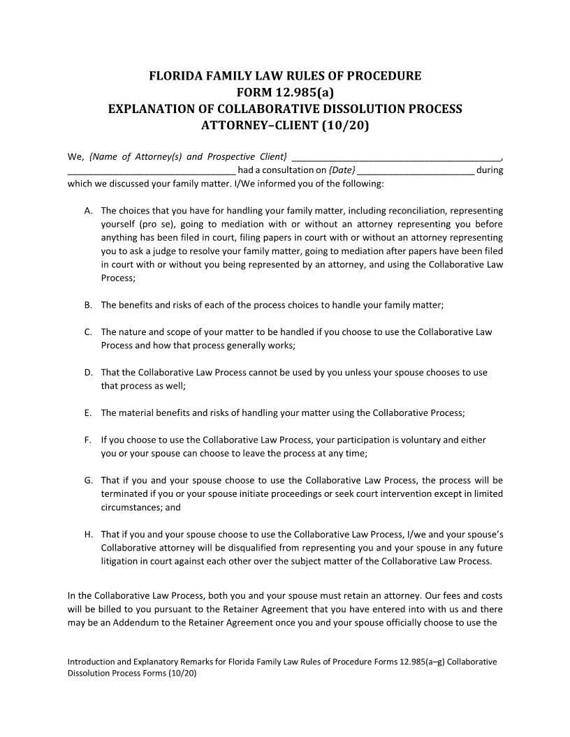Explanation Of Collaborative Dissolution Process Attorney-Client {12.985(a)} | Pdf Fpdf Docx | Florida