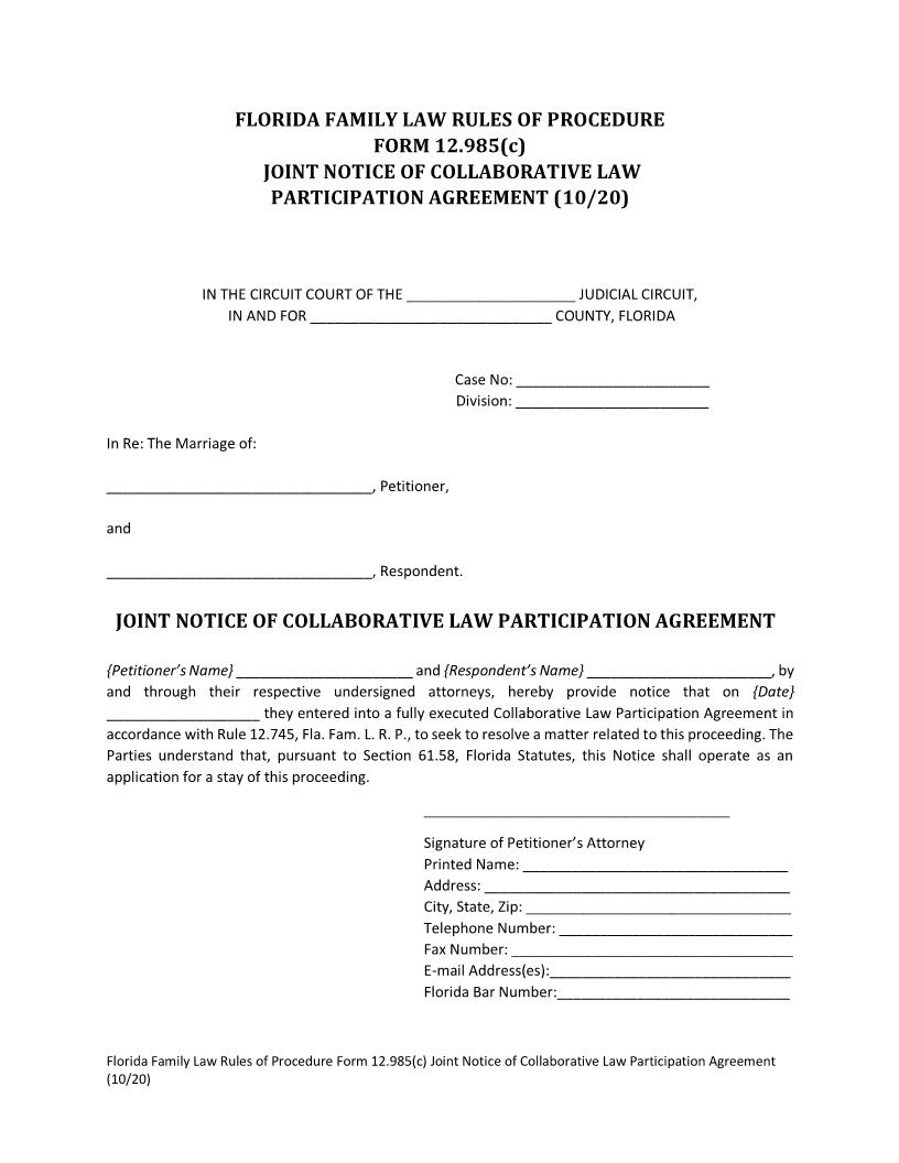 Joint Notice Of Collaborative Law Participation Agreement {12.985(c)} | Pdf Fpdf Docx | Florida