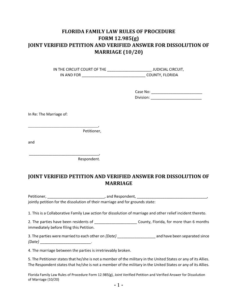 Joint Verified Petition And Verified Answer For Dissolution Of Marriage {12.985(g)} | Pdf Fpdf Docx | Florida