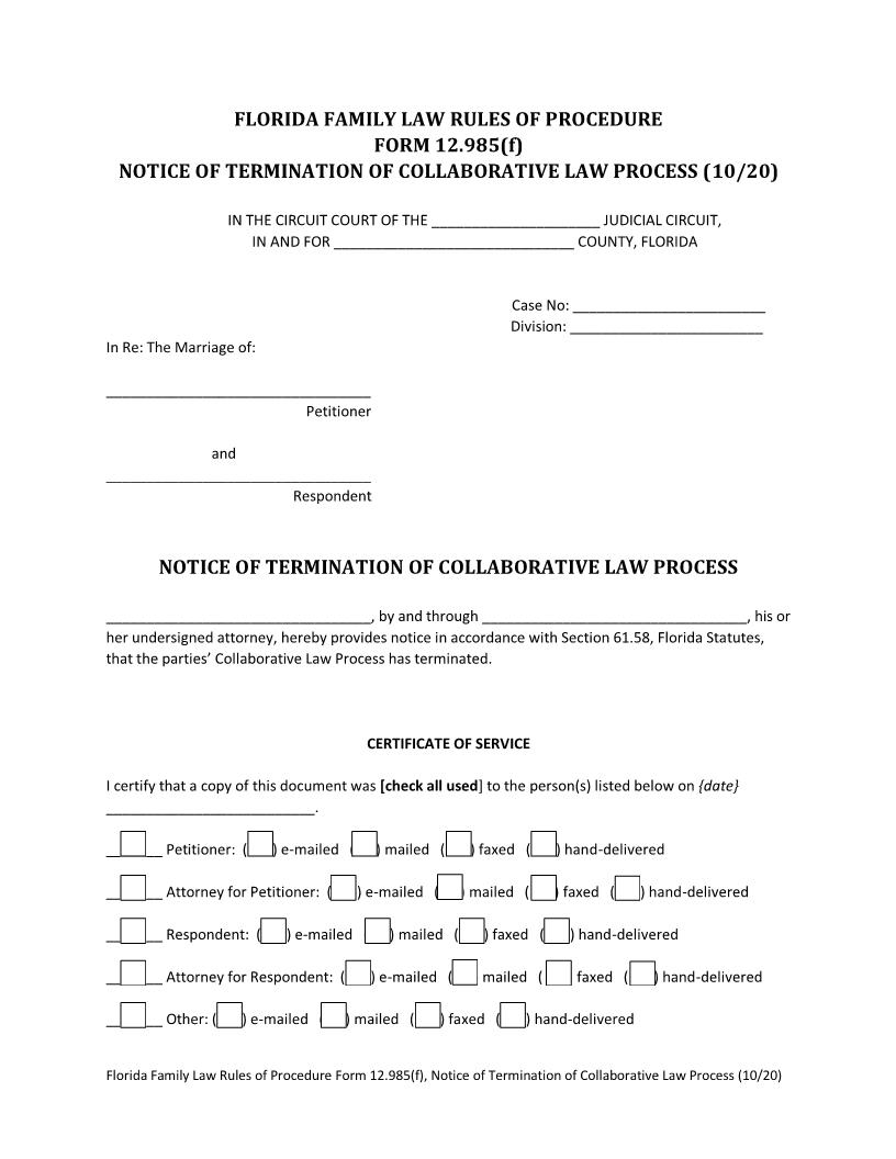 Notice Of Termination Of Collaborative Law Process {12.985(f)} | Pdf Fpdf Docx | Florida