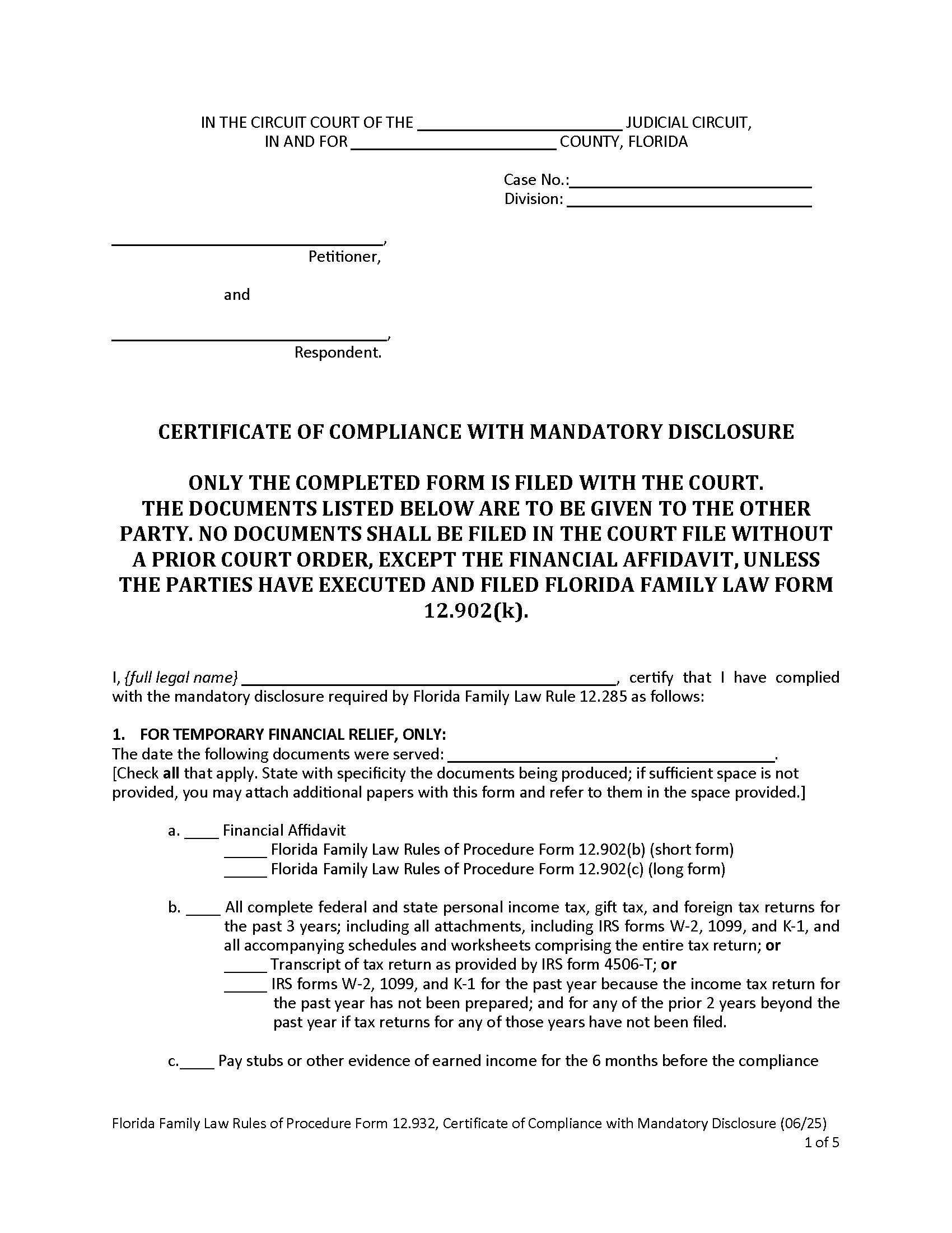 Certificate Of Compliance With Mandatory Disclosure {12.932} | Pdf Fpdf Doc Docx | Florida