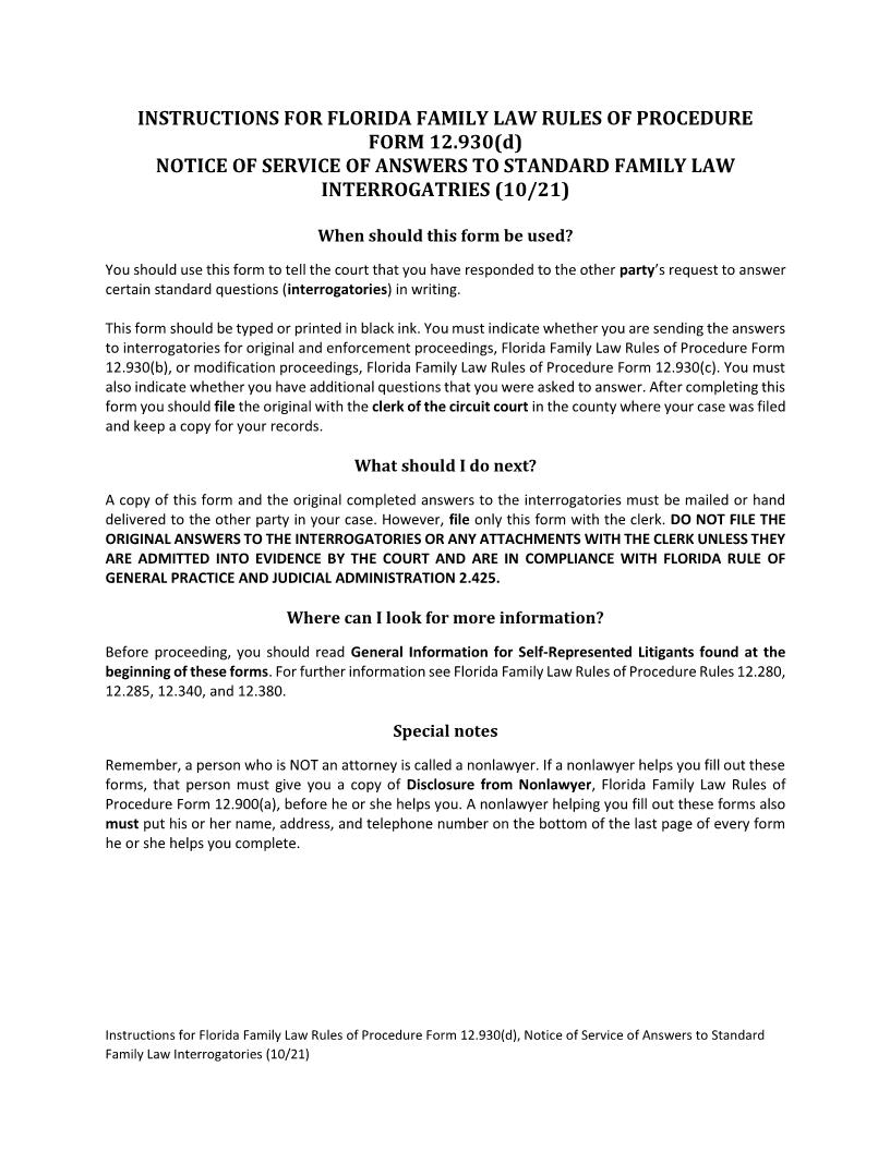 Notice Of Service Of Answers To Standard Family Law Interrogatories w-Instructions {12.930(d)} | Pdf Fpdf Docx | Florida