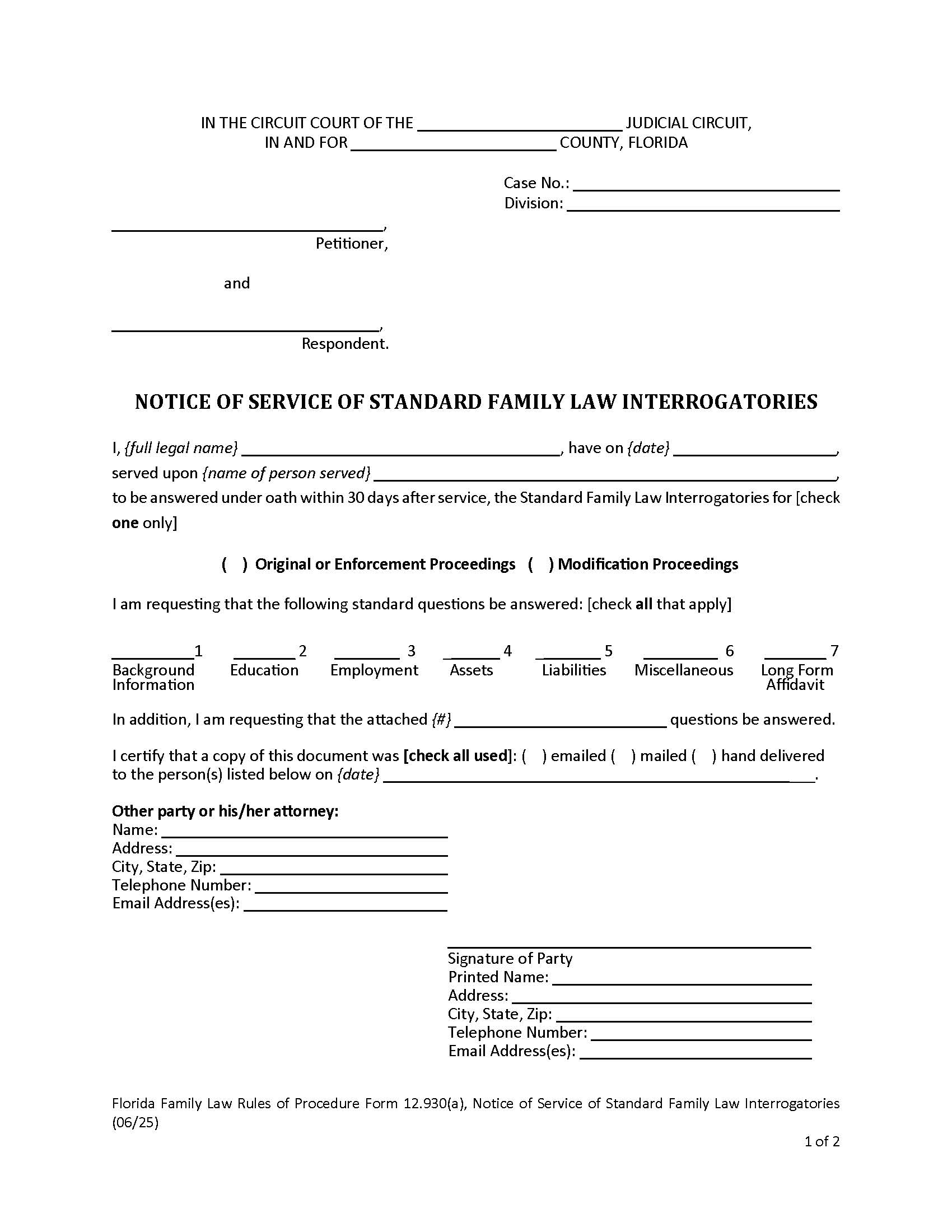 Notice Of Service Of Standard Family Law Interrogatories w-Instructions {12.930(a)} | Pdf Fpdf Doc Docx | Florida