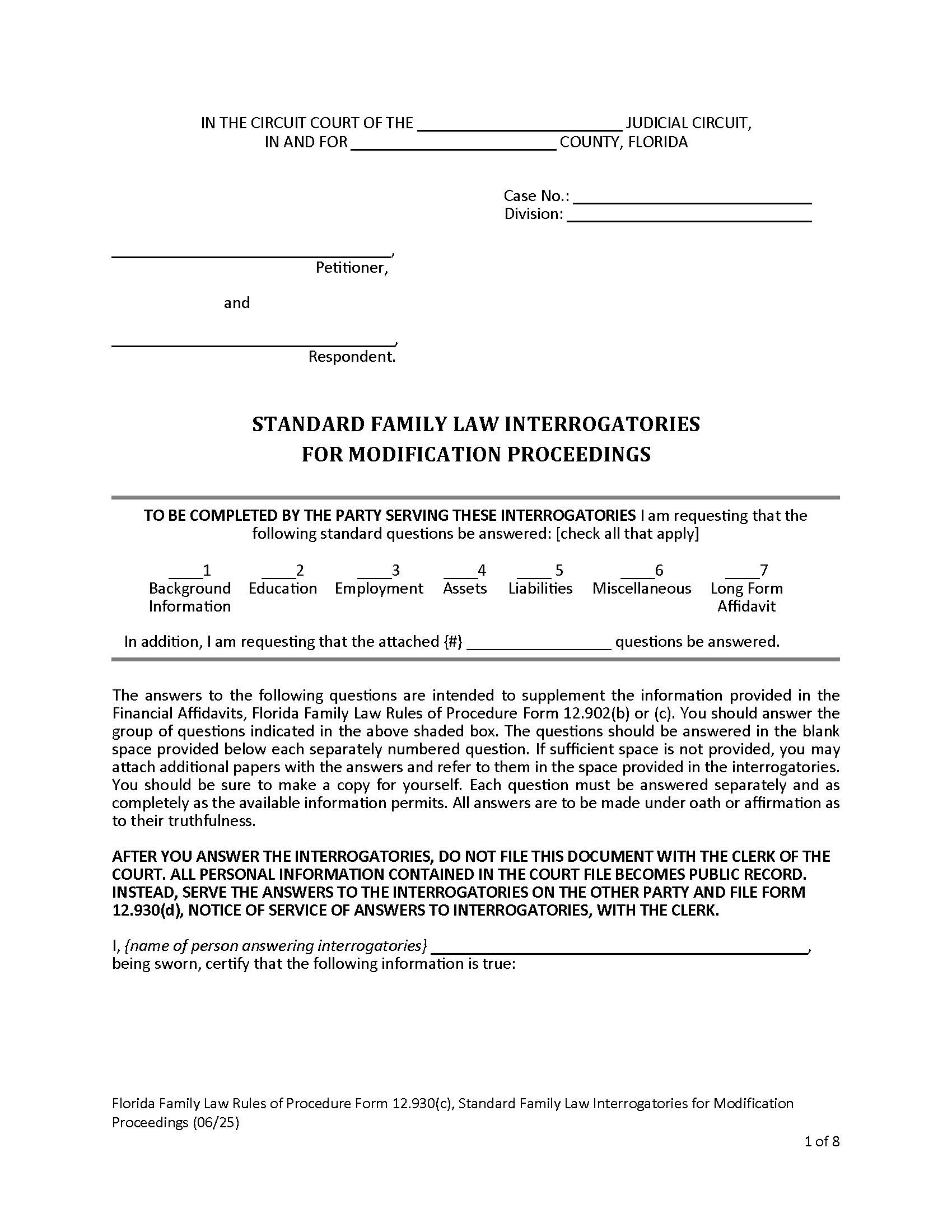 Standard Family Law Interrogatories For Modification Proceedings w-Instructions {12.930(c)} | Pdf Fpdf Doc Docx | Florida