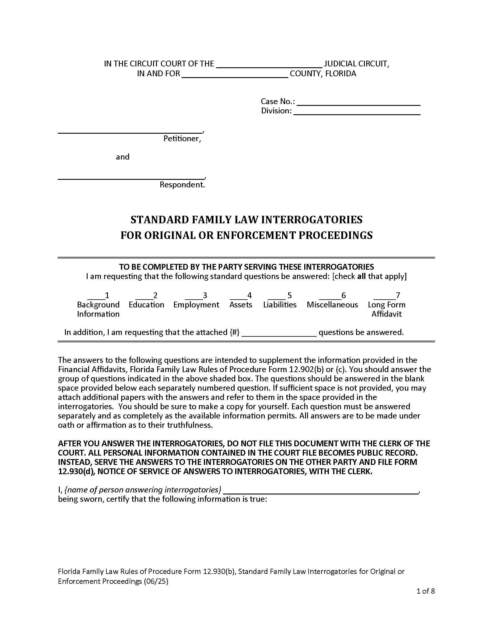 Standard Family Law Interrogatories For Original Or Enforcement Proceedings w-Instructions {12.930(b)} | Pdf Fpdf Doc Docx | Florida