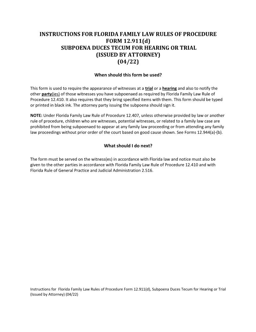 Subpoena Duces Tecum For Hearing Or Trial (Issued By Attorney) {12.911(d)} | Pdf Fpdf Docx | Florida