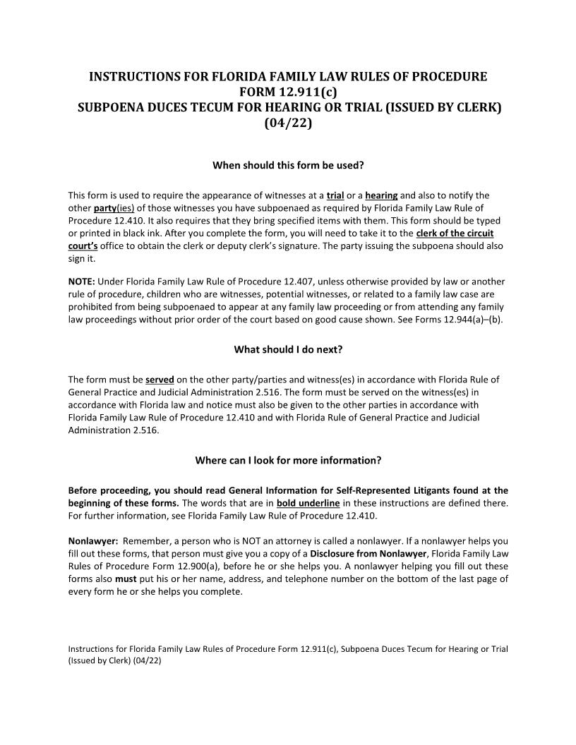 Subpoena Duces Tecum For Hearing Or Trial (Issued By Clerk) {12.911(c)} | Pdf Fpdf Docx | Florida