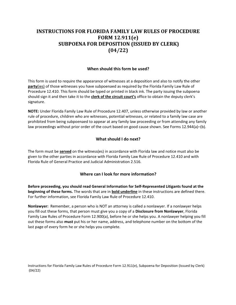 Subpoena For Deposition (Issued By Clerk) {12.911(e)} | Pdf Fpdf Docx | Florida