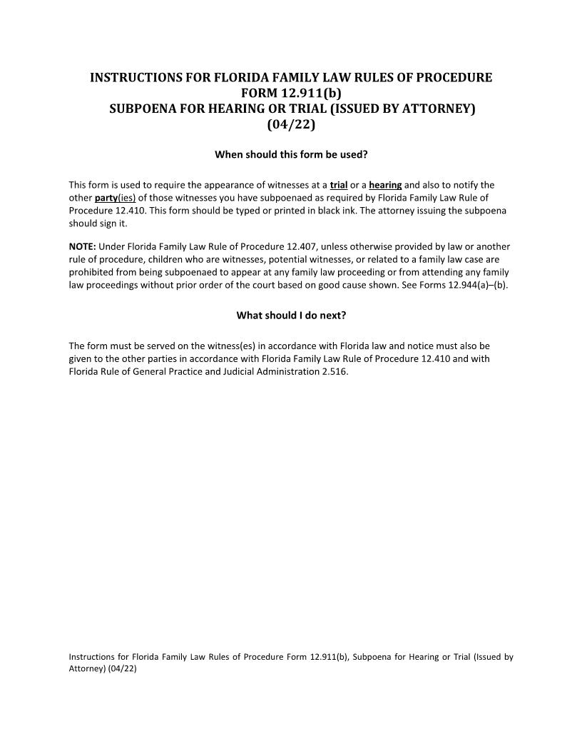 Subpoena For Hearing Or Trial (Issued By Attorney) {12.911(b)} | Pdf Fpdf Docx | Florida