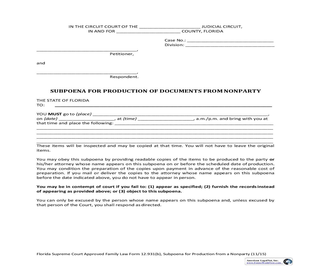 Subpoena For Production Of Documents From Nonparty {12.931(b)} | Pdf Fpdf Doc Docx | Florida