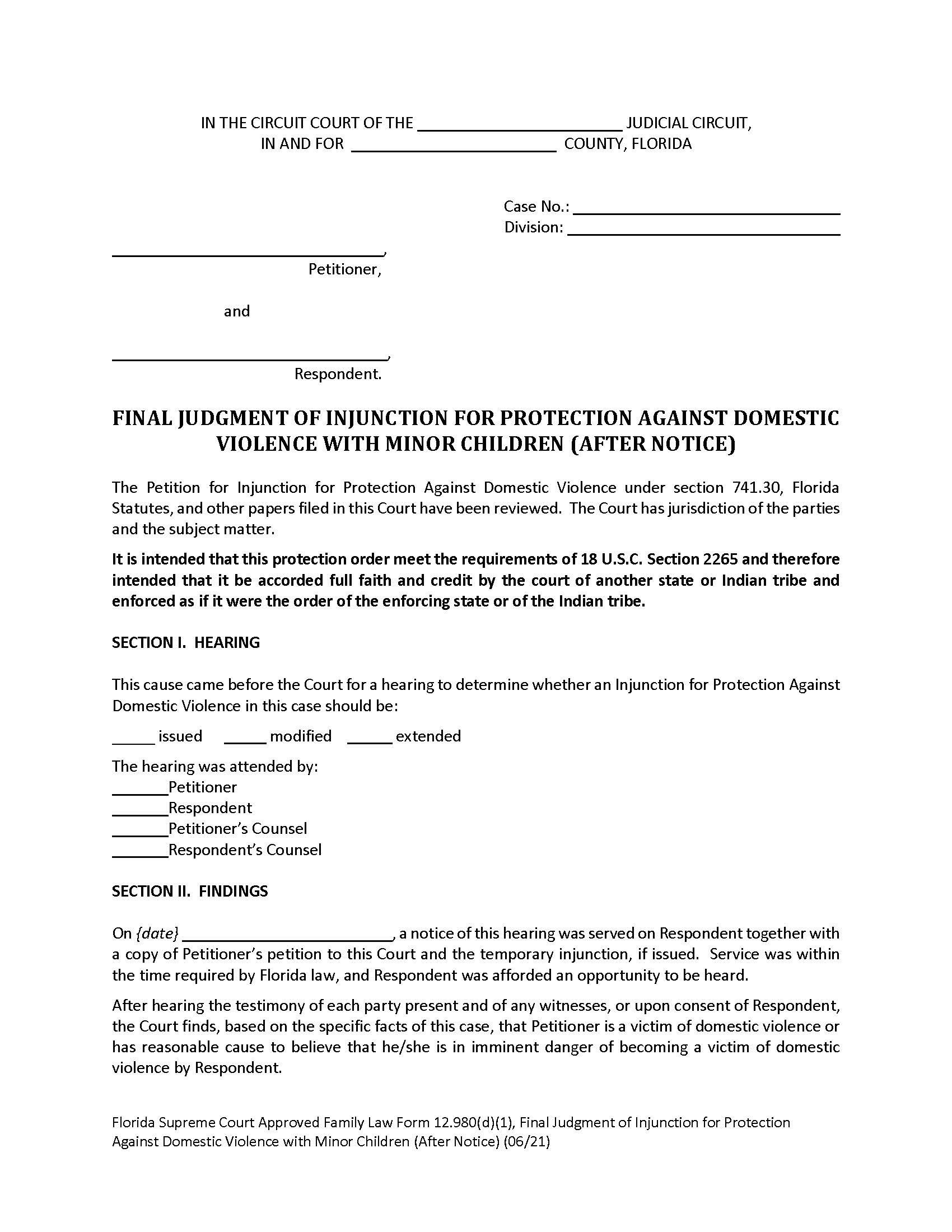 Final Judgment Injunction Protection Against Domestic Violence With Minor Children (Notice) {12.980(d)(1)} | Pdf Fpdf Doc Docx | Florida