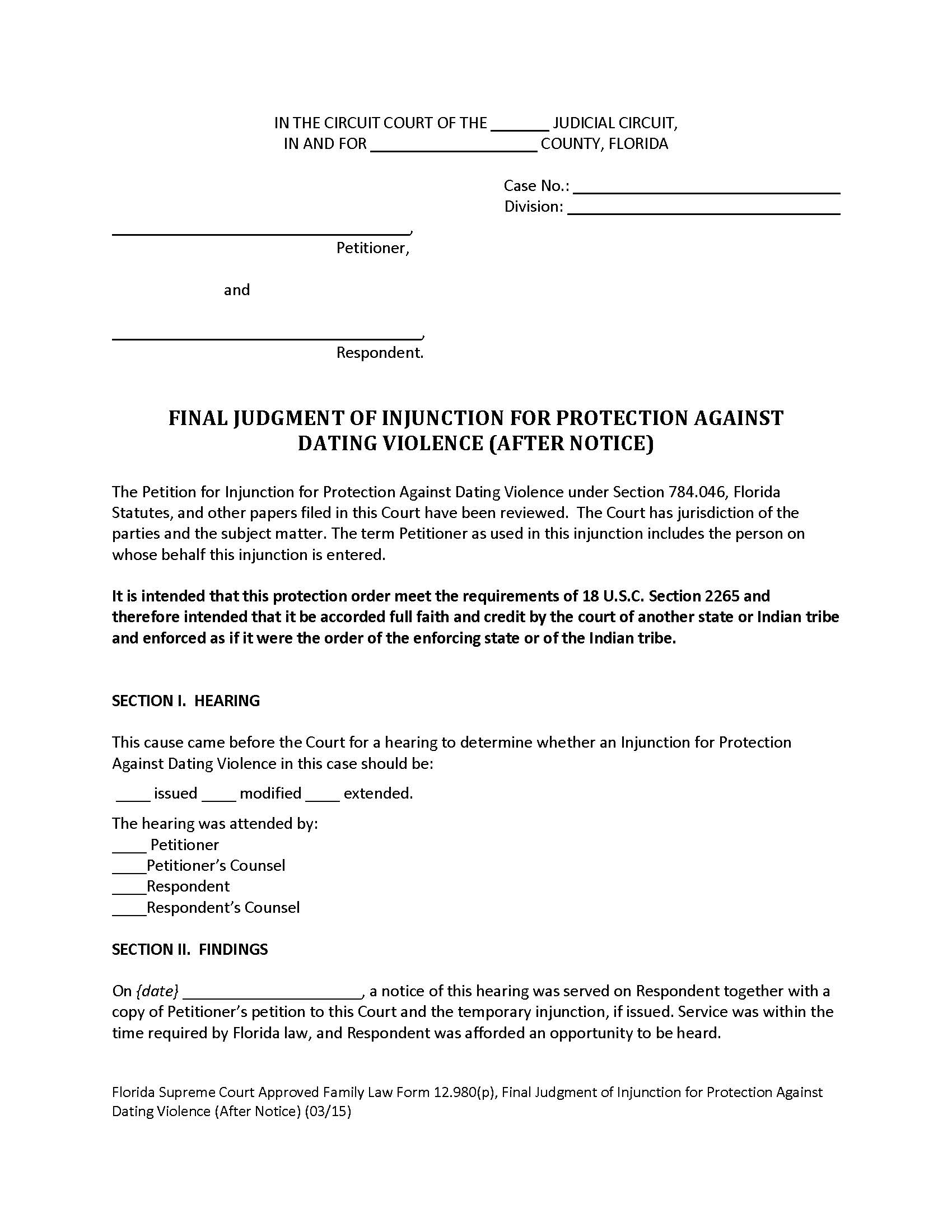 Final Judgment Of Injunction For Protection Against Dating Violence After Notice {12.980(p)} | Pdf Fpdf Doc Docx | Florida