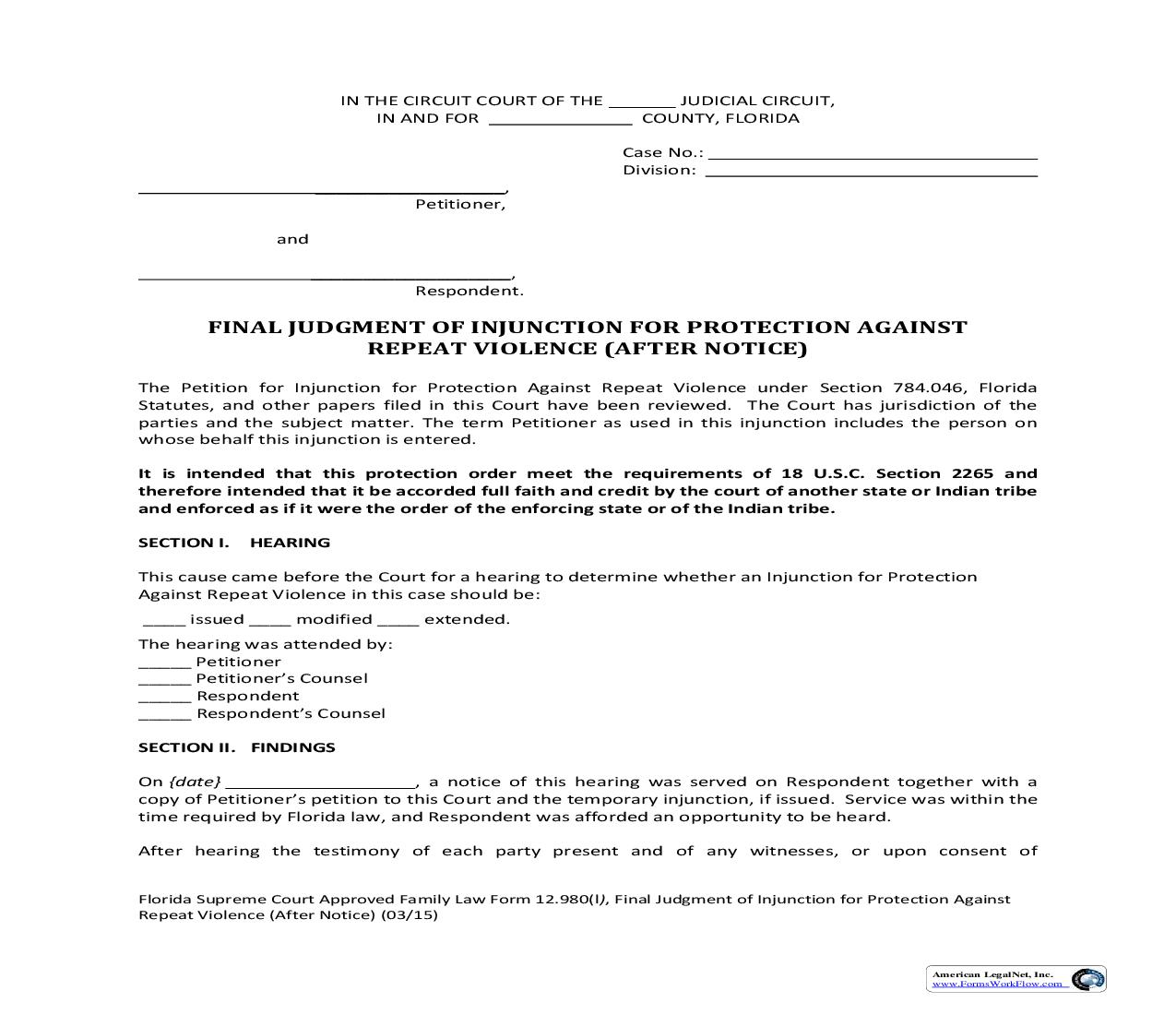 Final Judgment Of Injunction For Protection Against Repeat Violence After Notice {12.980(l)} | Pdf Fpdf Doc Docx | Florida