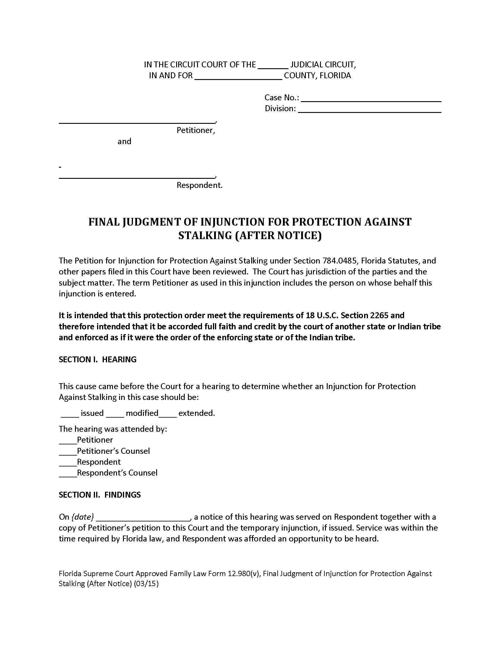 Final Judgment Of Injunction For Protection Against Stalking After Notice {12.980(v)} | Pdf Fpdf Doc Docx | Florida