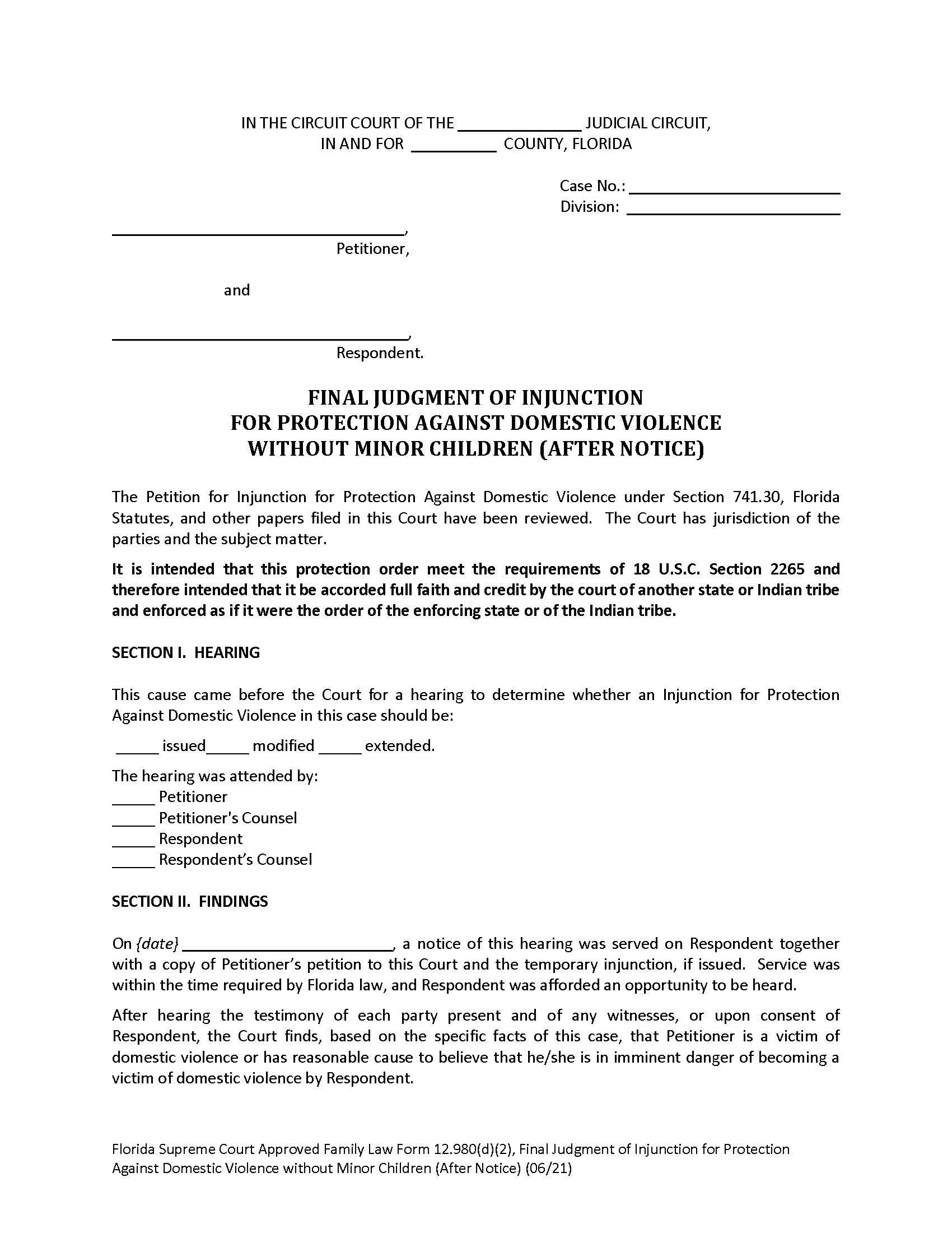 Final Judgment Of Injunction Protection Against DV Without Minor Children (Notice) {12.980(d)(2)} | Pdf Fpdf Doc Docx | Florida