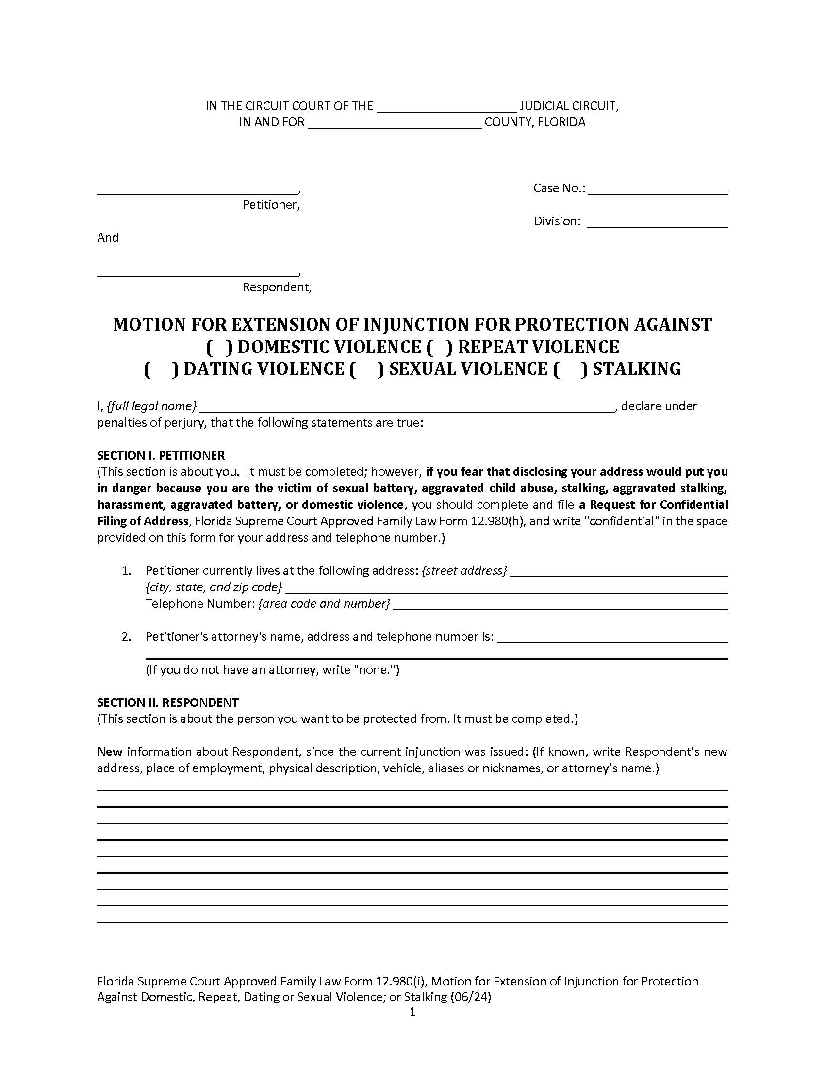 Motion For Extension Of Injunction For Protection Against Domestic-Violence {12.980(i)} | Pdf Fpdf Doc Docx | Florida