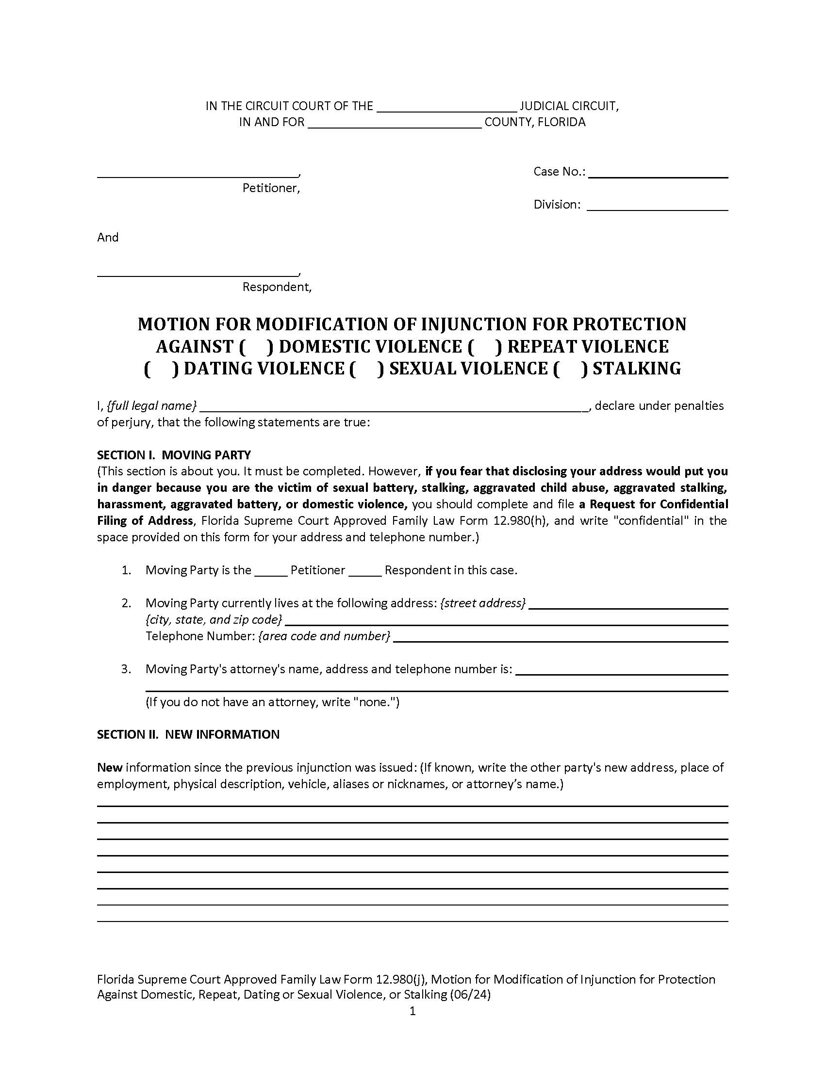 Motion For Modification Of Injunction For Protection Against Domestic-Violence {12.980(j)} | Pdf Fpdf Doc Docx | Florida