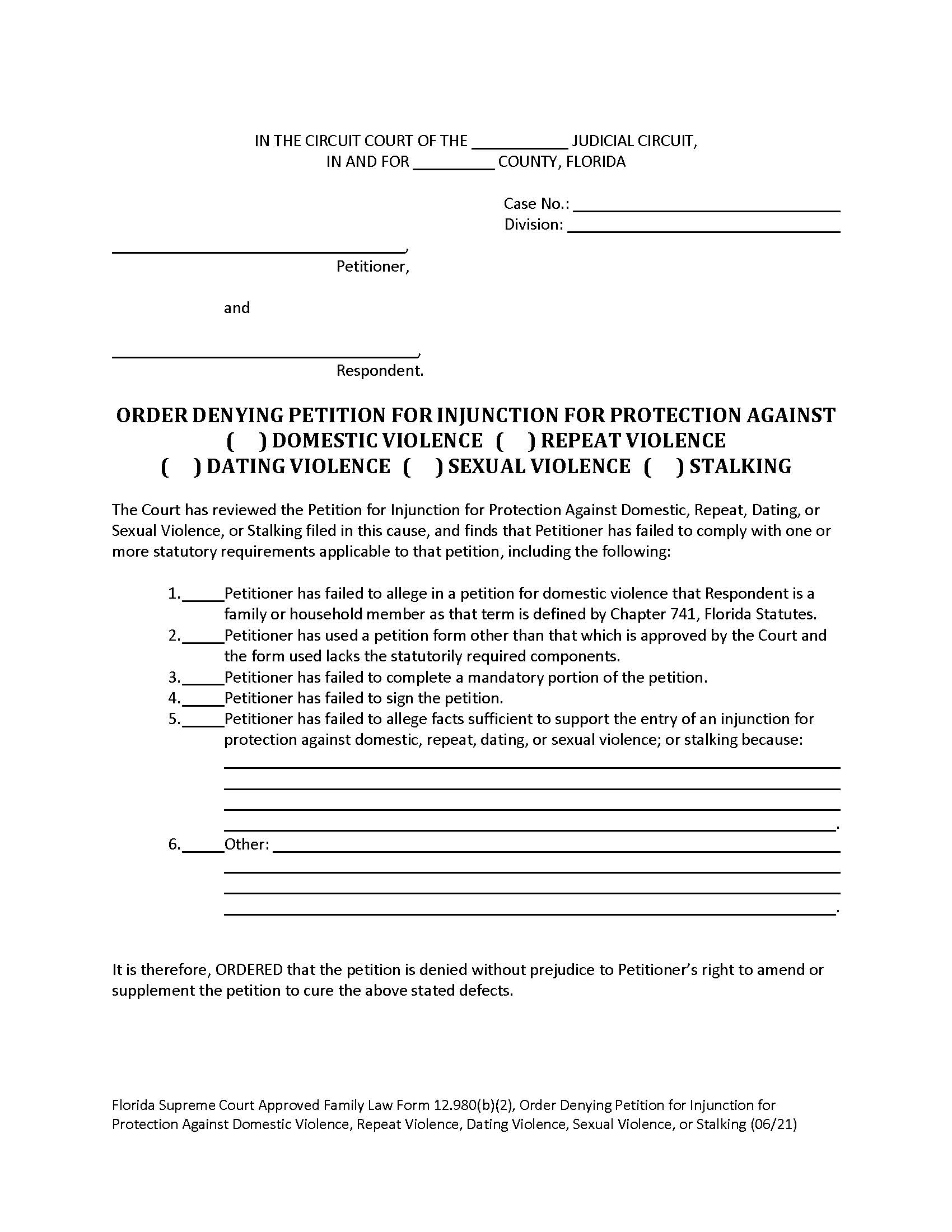 Order Denying Petition Injunction Protection Against Domestic-Repeat-Dating-Sexual Violence {12.980(b)(2)} | Pdf Fpdf Doc Docx | Florida