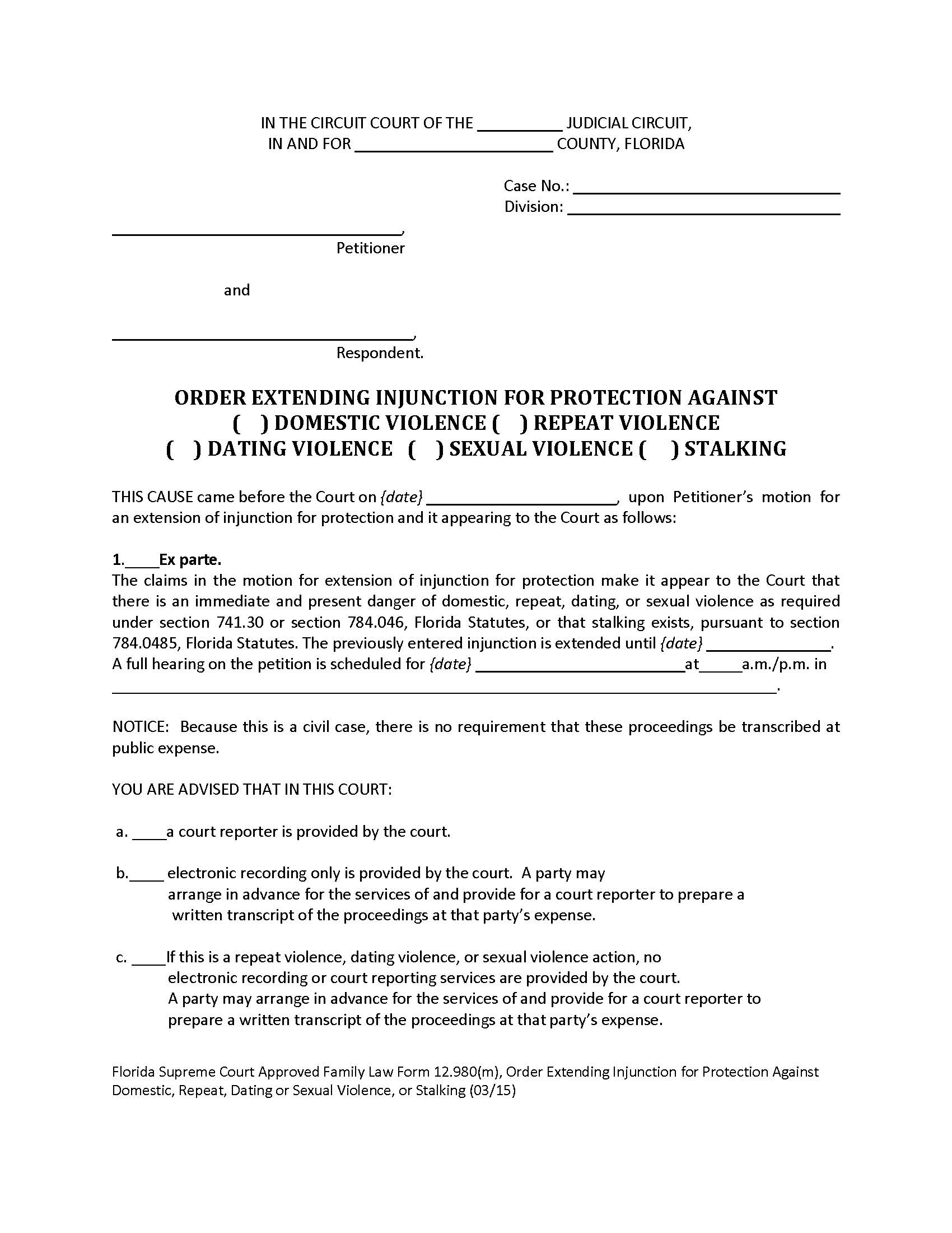 Order Extending Injunction Protection Against Domestic Repeat Dating Or Sexual Violence {12.980(m)} | Pdf Fpdf Doc Docx | Florida