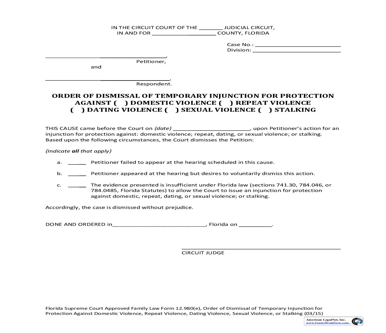 Order Of Dismissal Of Temporary Injunction For Protection Against Domestic-Repeat-Dating-Sexual Violence {12.980(e)} | Pdf Fpdf Doc Docx | Florida